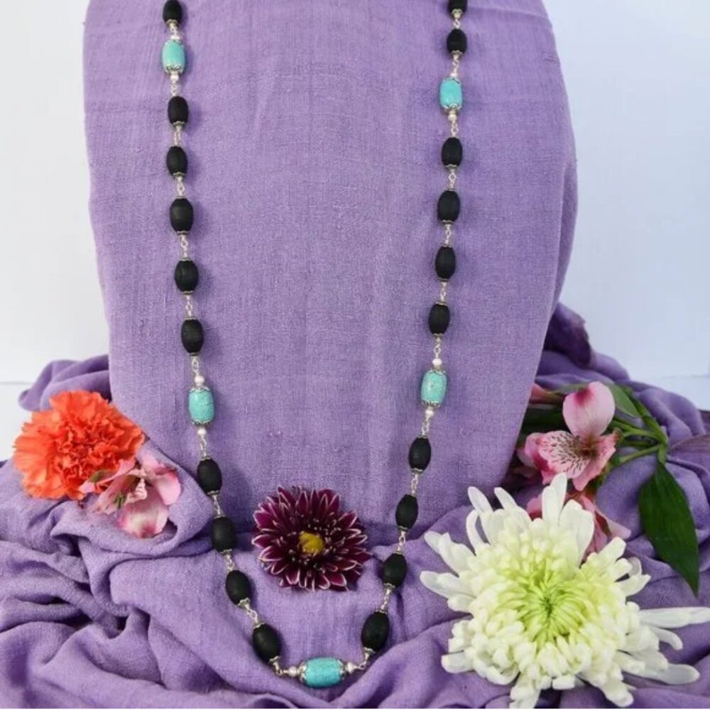 43 1/4" black Tulasi with turquoise (gemstone for Venus) and pearls